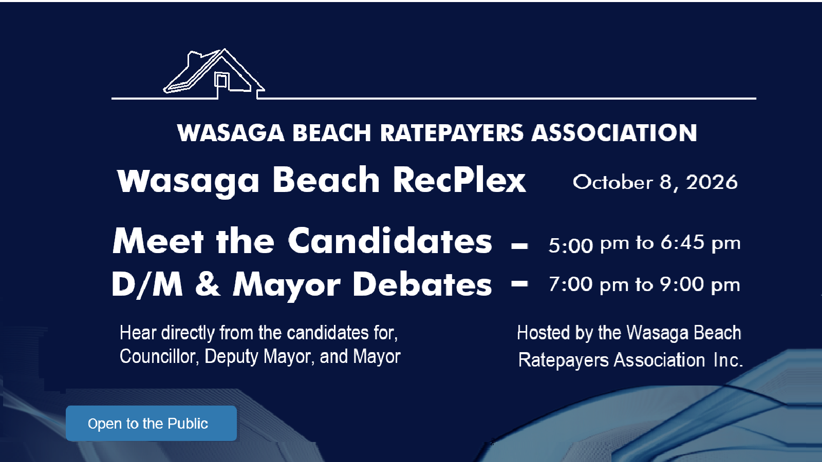 Wasaga Beach Ratepayers Association All Candidates Meeting at the RecPlex on October 8, 2026